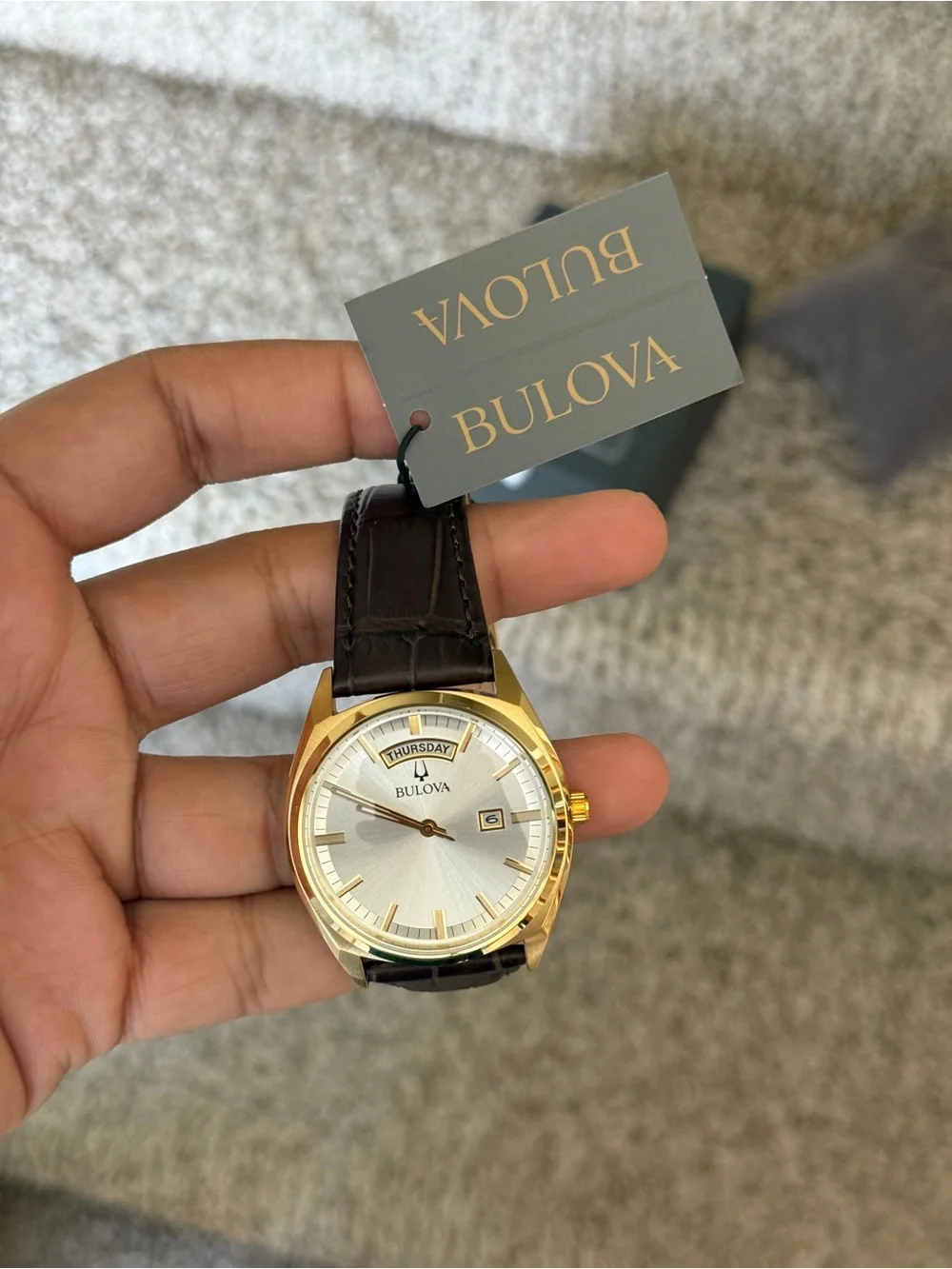 Bulova classic gold -Tone Dress Watch with Brown Leather Strap daydate